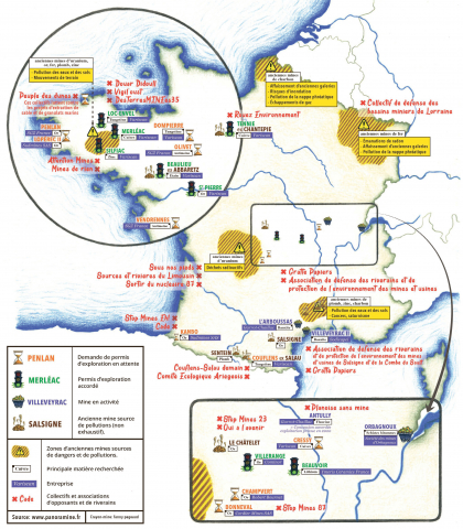 Carte du panorama minier en France métropolitaine - L'âge de faire - Lisa Giachino - Infographie : Fanny Pageaud · Juillet 2016